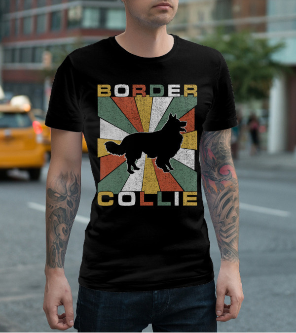 Border Collie Retro 70s Silhouette Radiant Stripes T-Shirt