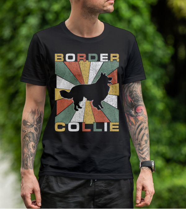 Border Collie Retro 70s Silhouette Radiant Stripes T-Shirt