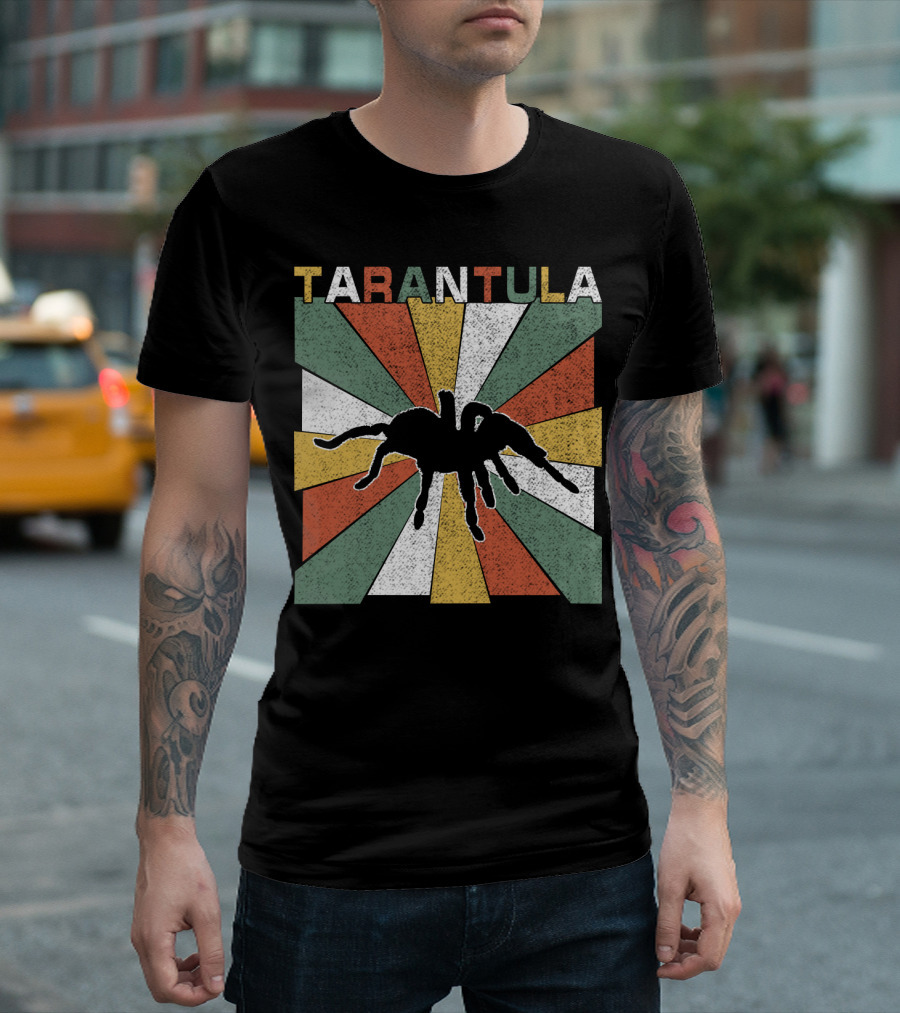 Tarantula Retro 70s Vintage Silhouette with Colorful Geometric Background T-Shirt