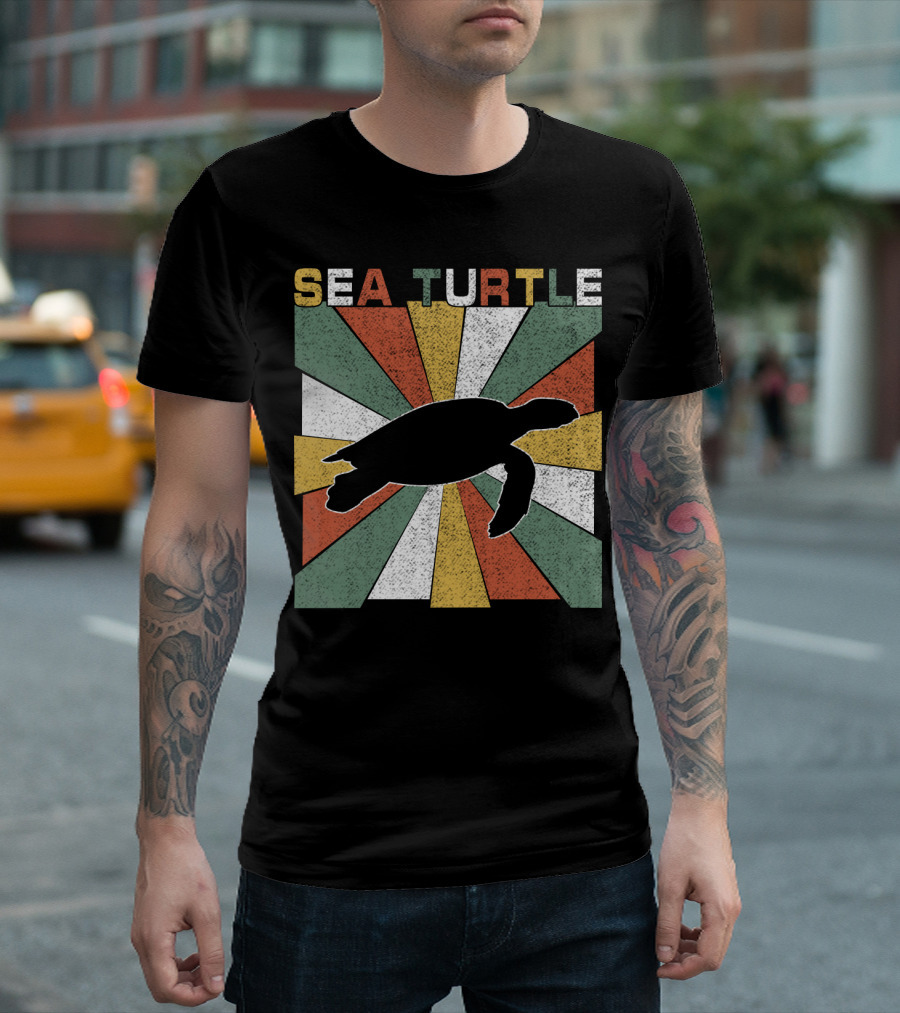Sea Turtle Retro 70s Vintage Silhouette Distressed Color Blocking T-Shirt