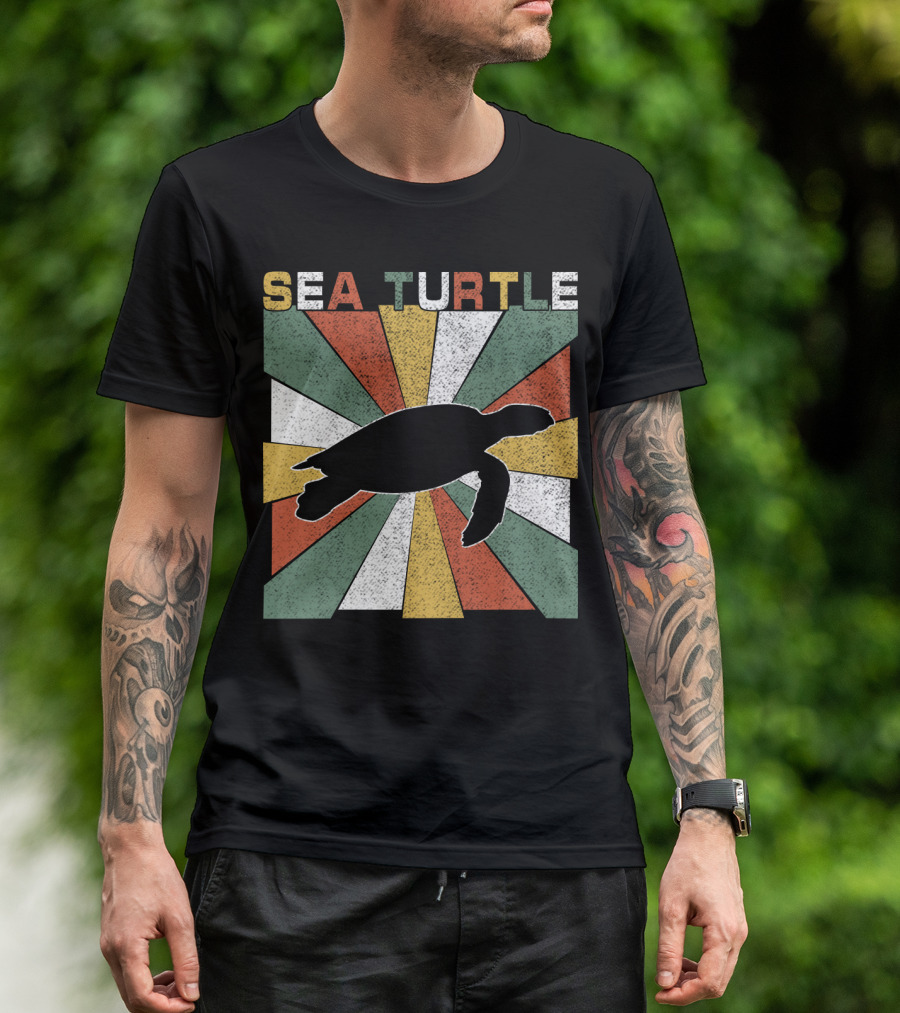 Sea Turtle Retro 70s Vintage Silhouette Distressed Color Blocking T-Shirt