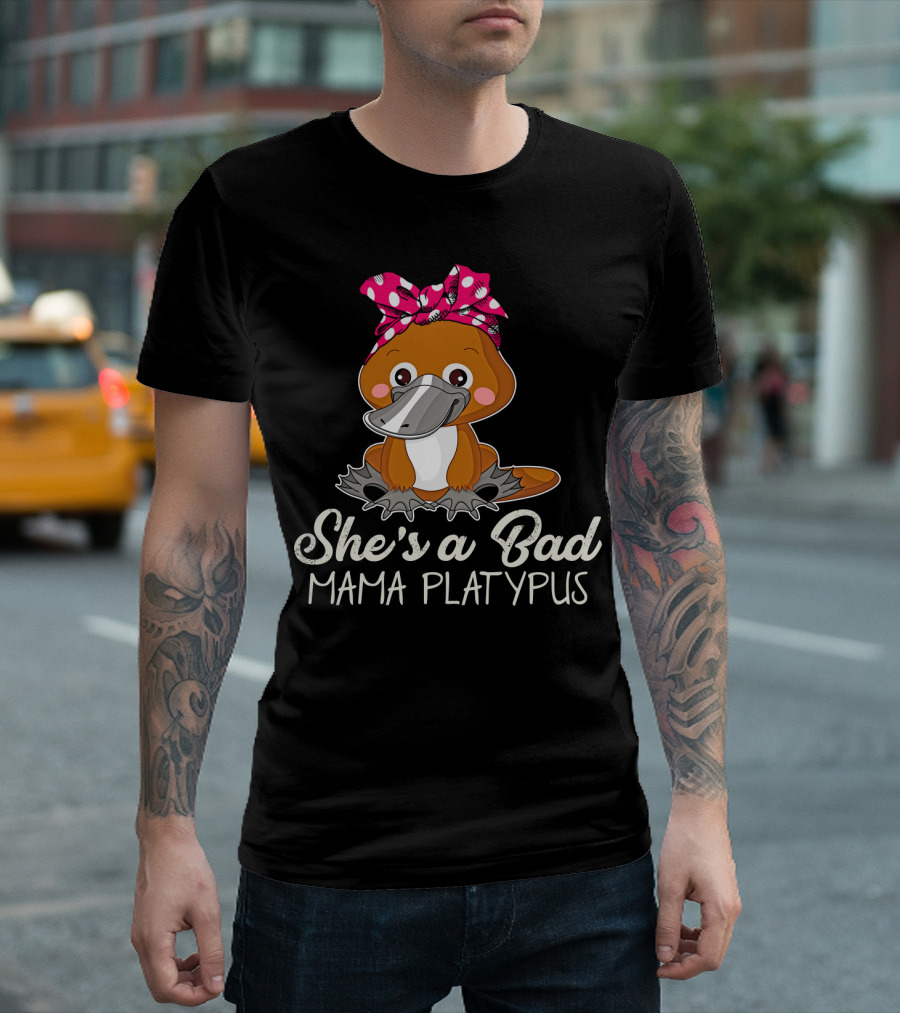 She's a Bad Mama Platypus Cute Cartoon Character with Pink Polka Dot Bow T-Shirt