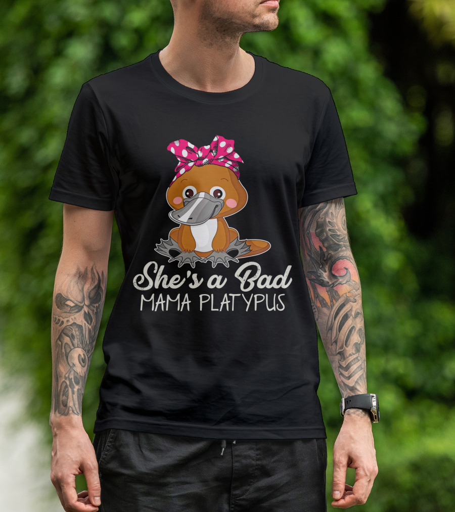 She's A Bad Mama Platypus Cute Cartoon Character With Pink Polka Dot Bow T-Shirt