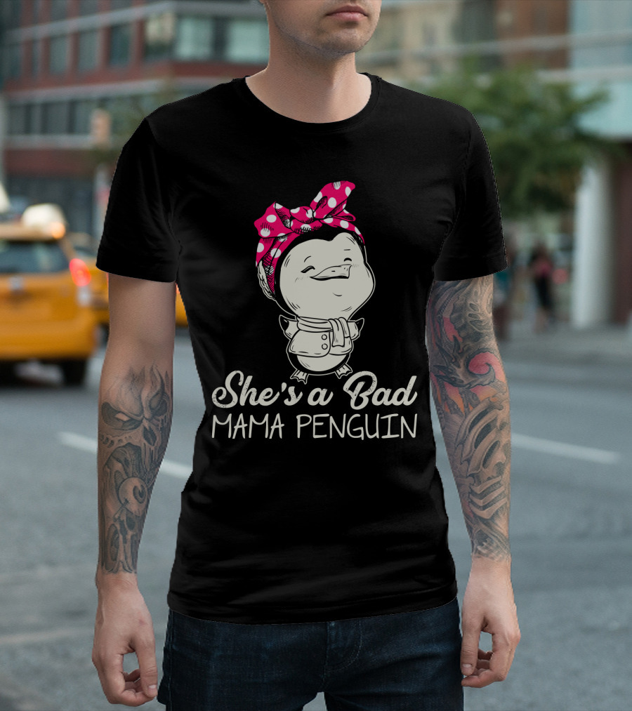 She's a Bad Mama Penguin Rosie the Riveter Parody with Bow T-Shirt