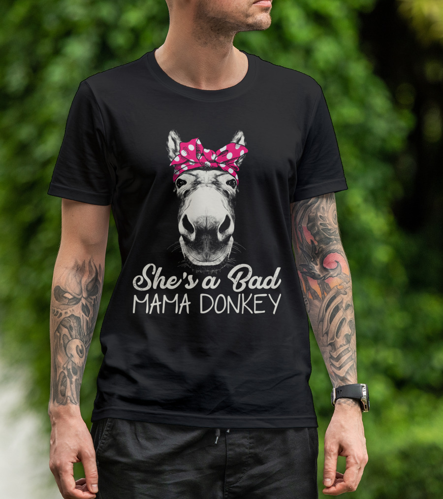 She's A Bad Mama Donkey With Pink Polka Dot Bandana T-Shirt