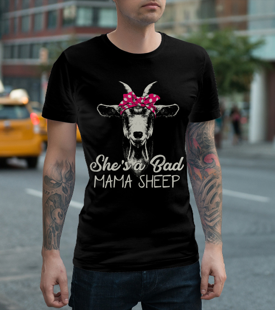 She's A Bad Mama Sheep Goat With Polka Dot Bow T-Shirt