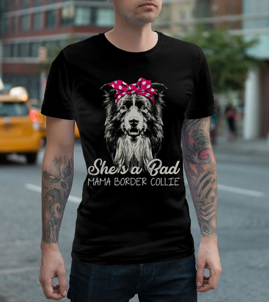 She's a Bad Mama Border Collie Retro Polka Dot Bandana T-Shirt
