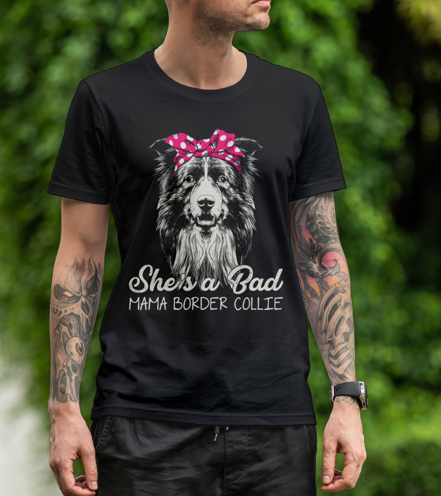 She's A Bad Mama Border Collie Retro Polka Dot Bandana T-Shirt