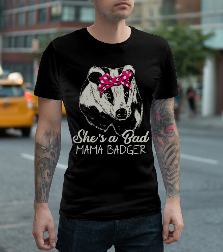 She's a Bad Mama Badger with Pink Polka Dot Bow T-Shirt