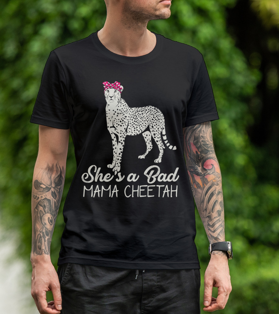She's A Bad Mama Cheetah With Pink Polka Dot Bow T-Shirt