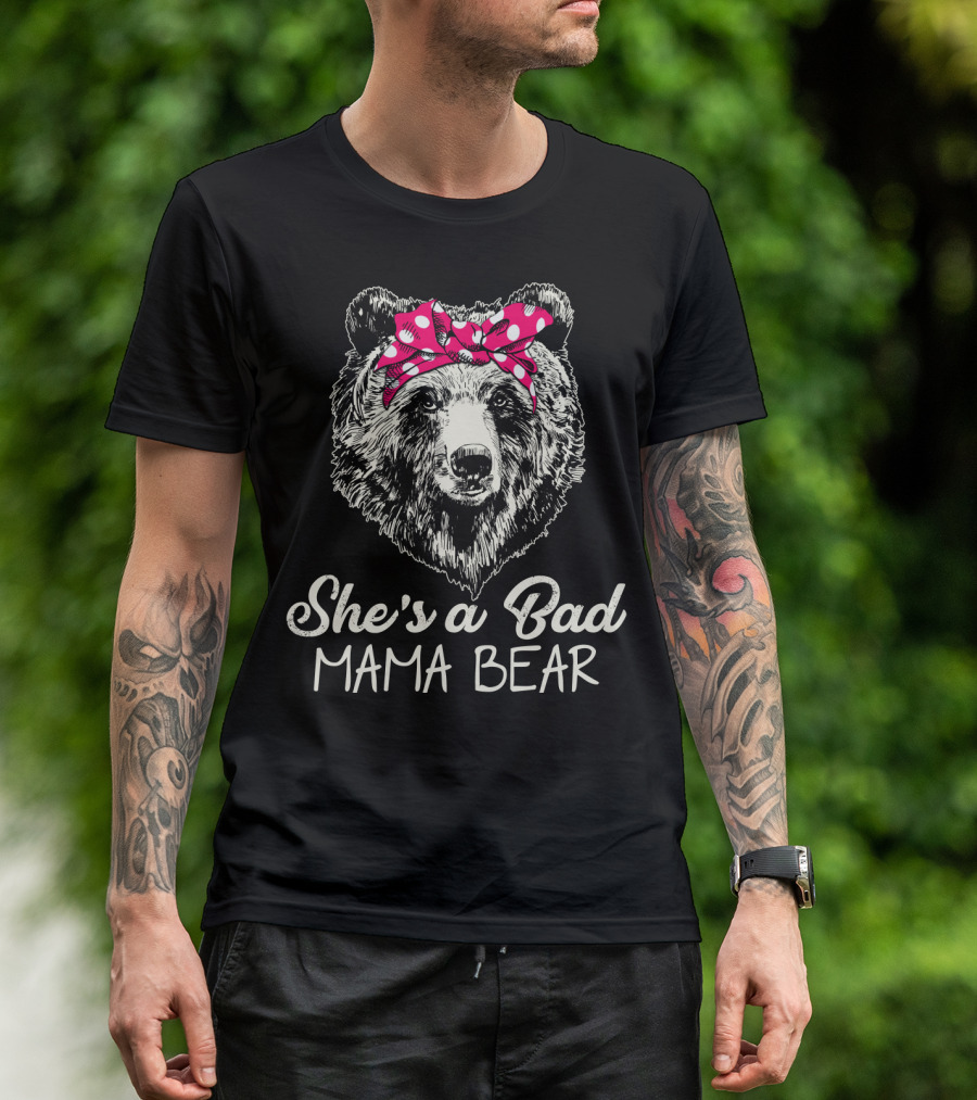 She's A Bad Mama Bear With Polka Dot Bow T-Shirt