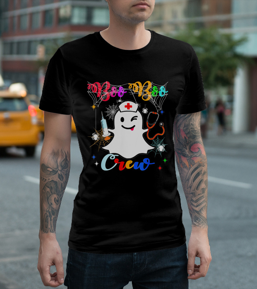 Boo Boo Crew Ghost Nurse Winking with Stethoscope and Syringe Halloween Spider Webs T-Shirt