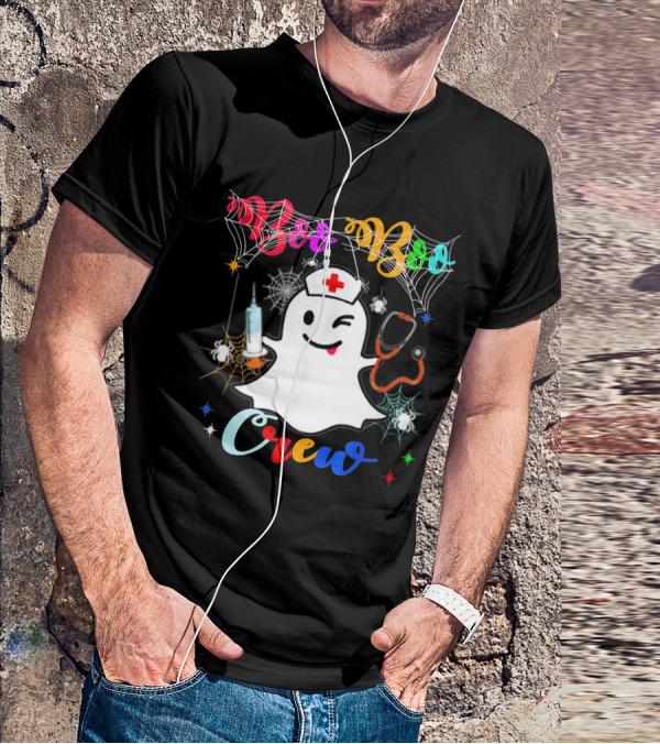 Boo Boo Crew Ghost Nurse Winking With Stethoscope And Syringe Halloween Spider Webs T-Shirt