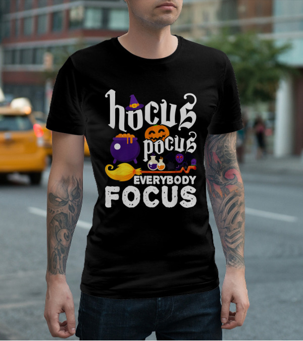 Hocus Pocus Everybody Focus Funny Halloween Costume Cauldron Pumpkin Broom Bat Potions T-Shirt
