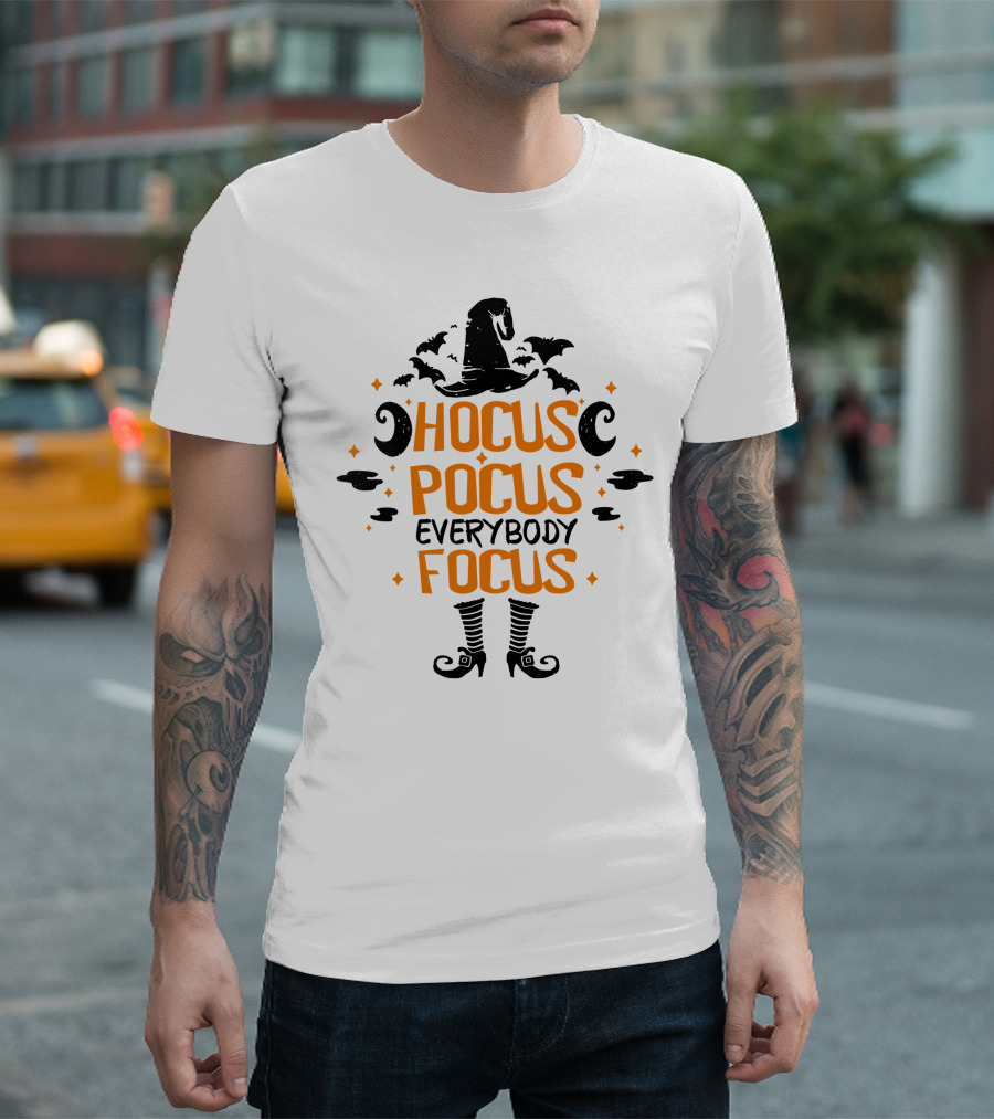 Halloween Hocus Pocus Everybody Focus Funny Teacher Witch Hat Bats Boots T-Shirt