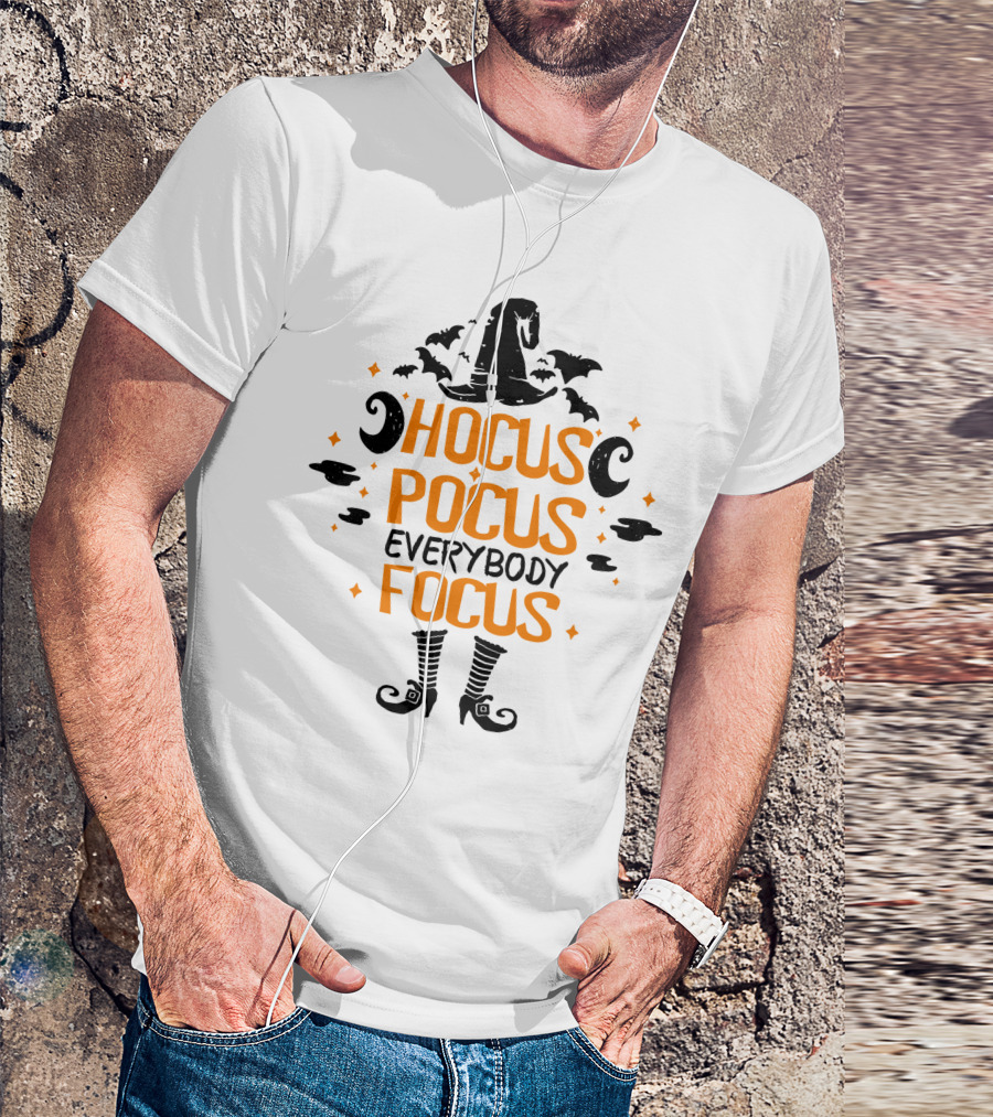Halloween Hocus Pocus Everybody Focus Funny Teacher Witch Hat Bats Boots T-Shirt