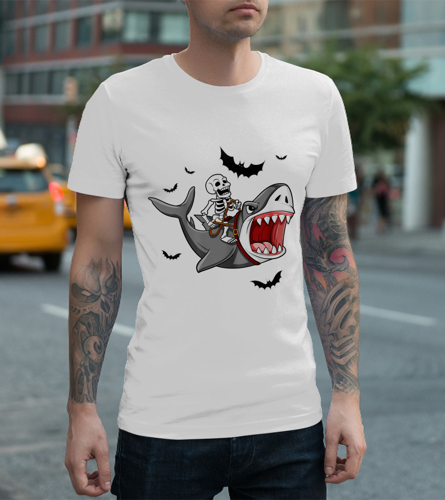 Skeleton Riding Shark With Bats T-Shirt
