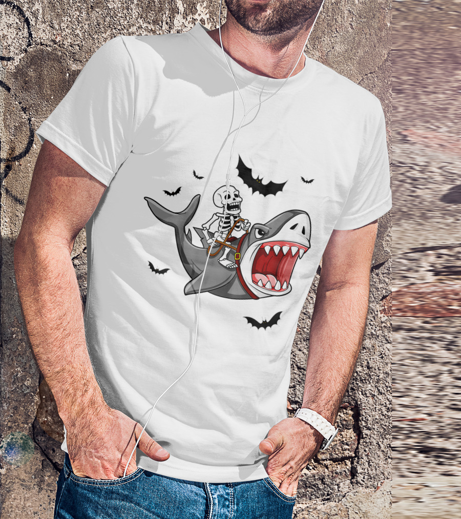 Skeleton Riding Shark With Bats T-Shirt