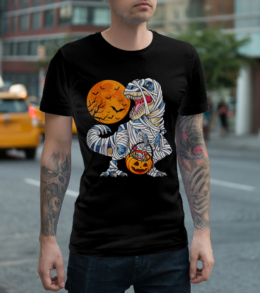 Halloween Dinosaur T-Rex Mummy Pumpkin Moon Bats T-Shirt