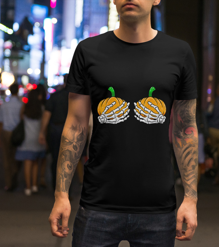 Halloween Pumpkin Skeleton Hands Bra T-Shirt