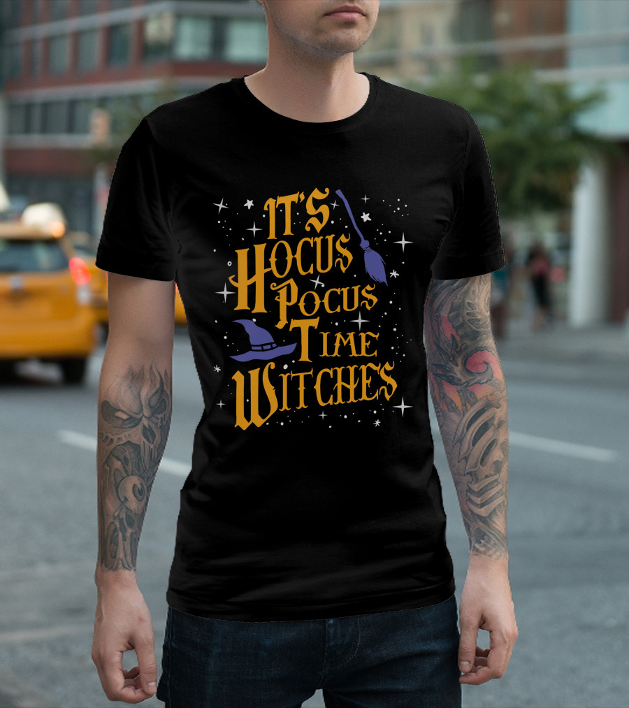 Halloween It's Hocus Pocus Time Witches with Stars Broom and Hat T-Shirt