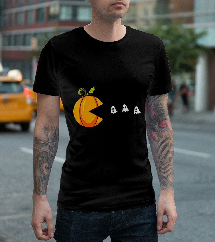 Pumpkin Pac-Man Chomping Ghosts Halloween T-Shirt