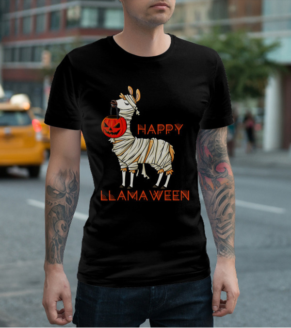 Happy Llamaween Funny Halloween Mummy Llama With Pumpkin Girls T-Shirt