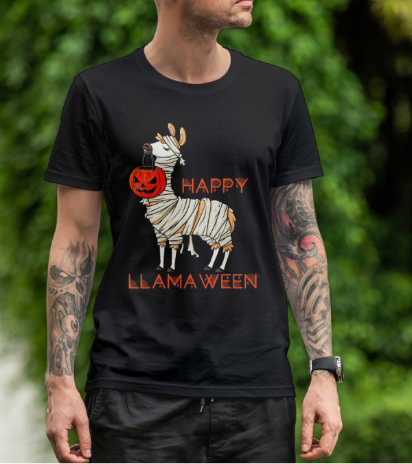 Happy Llamaween Funny Halloween Mummy Llama With Pumpkin Girls T-Shirt