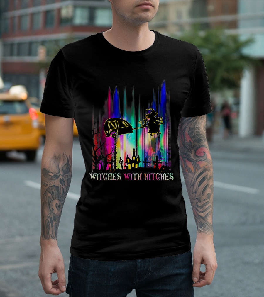 Witches With Hitches Halloween Camping Scene With Colorful Background T-Shirt