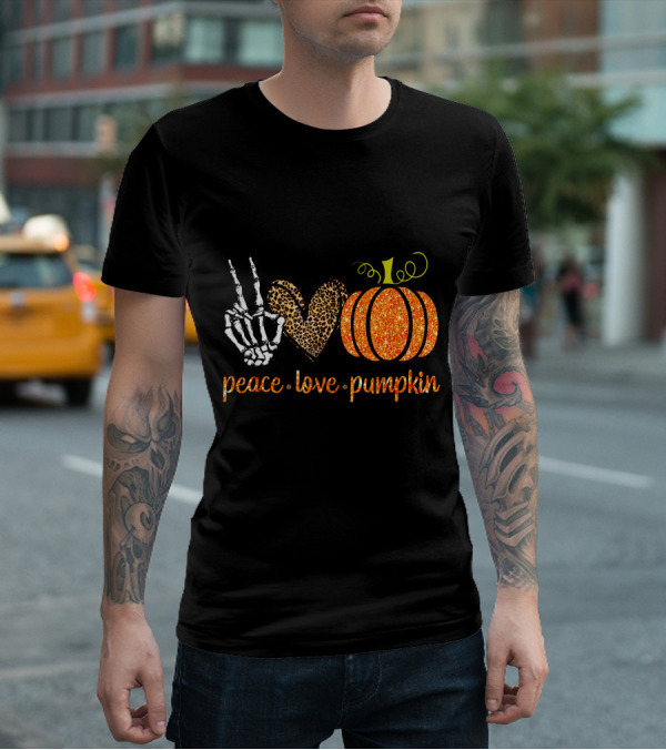 Peace Love Pumpkin Halloween Fall Girls Skeleton Leopard Print T-Shirt