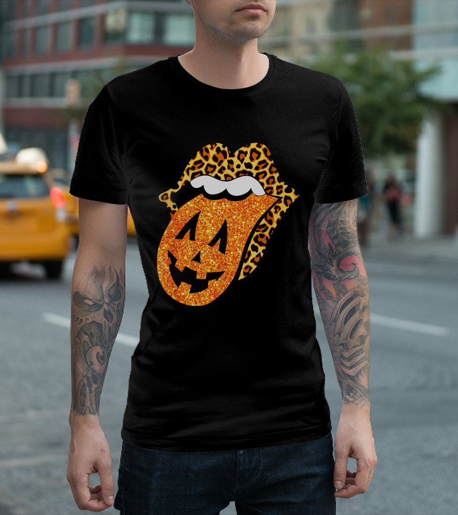 Leopard Lips Pumpkin Tongue Halloween Jack-O'-Lantern Face T-Shirt