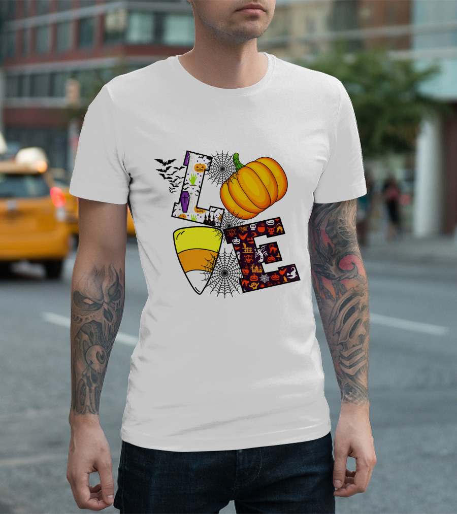 Love Pumpkin Candy Corn Halloween Spiderweb Bats Ghosts T-Shirt