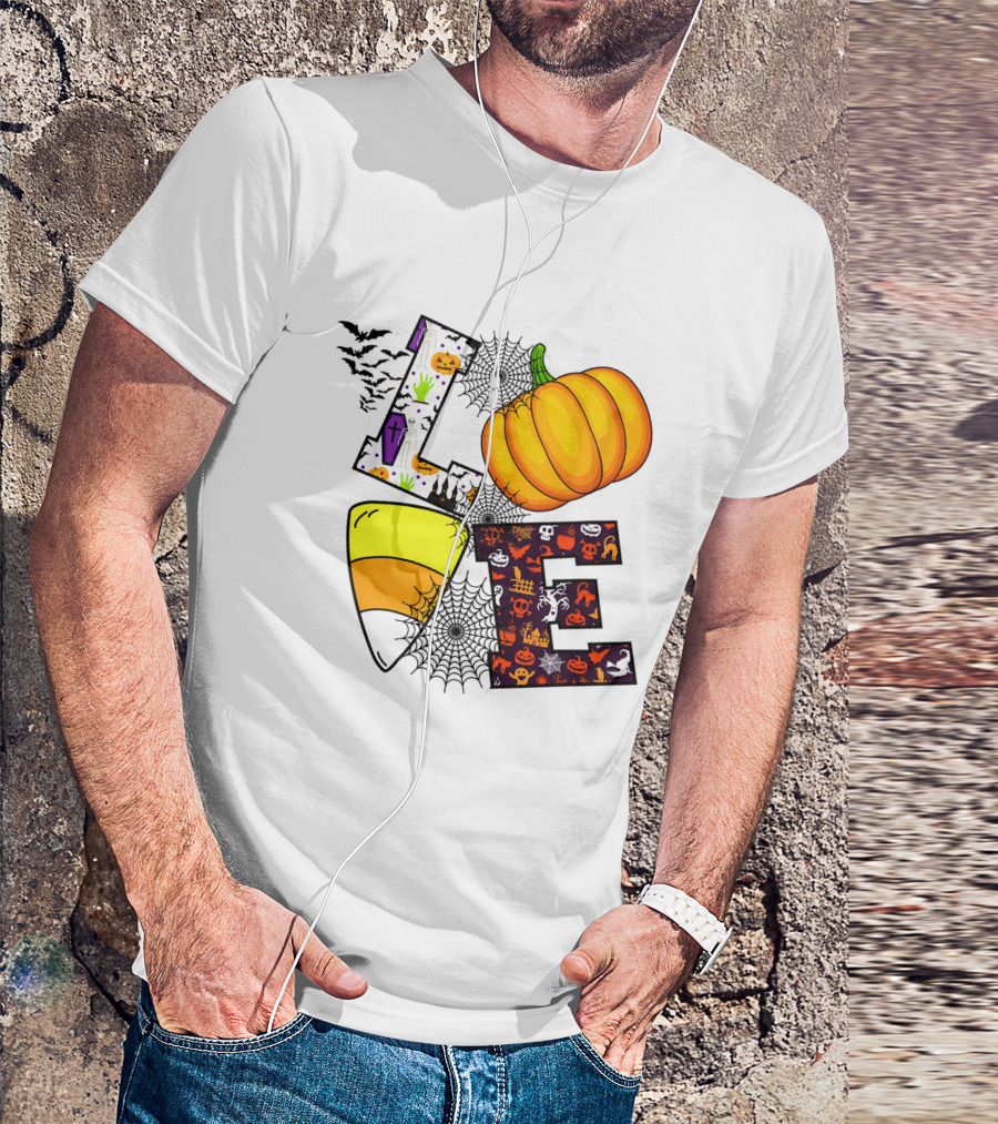 Love Pumpkin Candy Corn Halloween Spiderweb Bats Ghosts T-Shirt