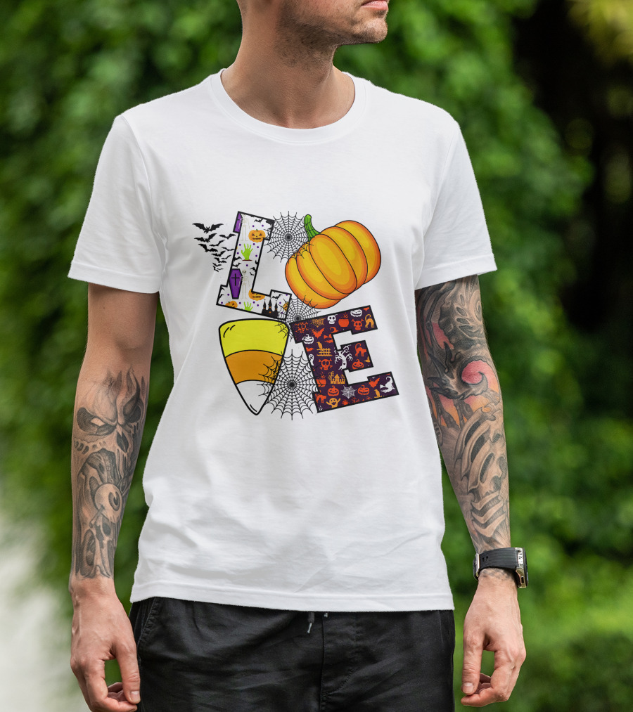 Love Pumpkin Candy Corn Halloween Spiderweb Bats Ghosts T-Shirt