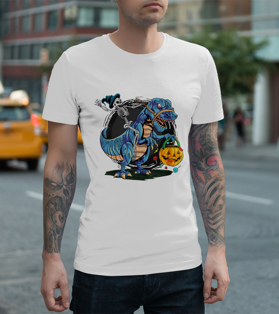 Skeleton Riding Dinosaur Halloween Candy Pumpkin Monster T-Shirt