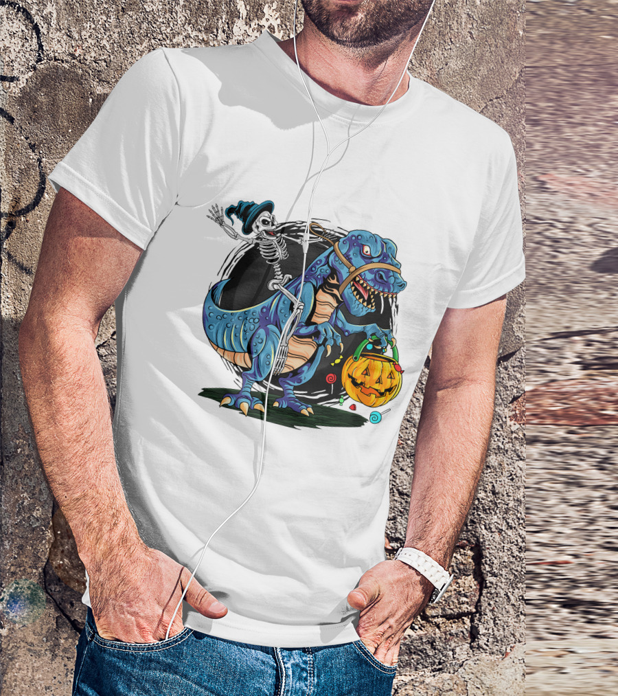 Skeleton Riding Dinosaur Halloween Candy Pumpkin Monster T-Shirt