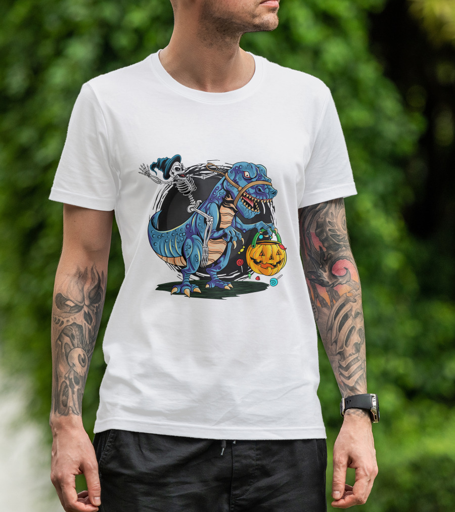 Skeleton Riding Dinosaur Halloween Candy Pumpkin Monster T-Shirt
