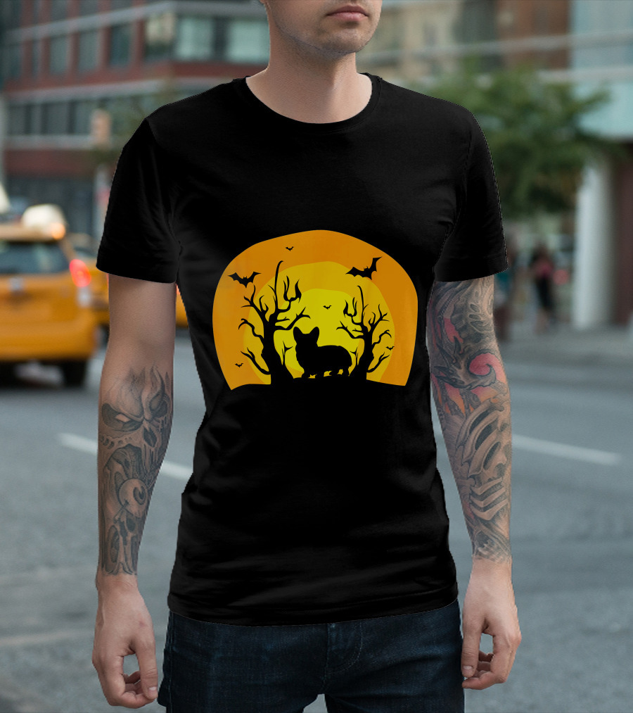 Corgi Dog Bat Halloween Silhouette with Moon and Trees T-Shirt