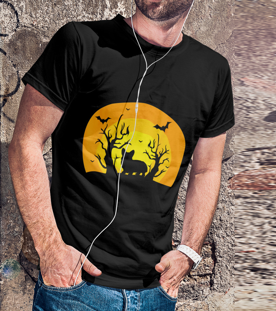 Corgi Dog Bat Halloween Silhouette With Moon And Trees T-Shirt