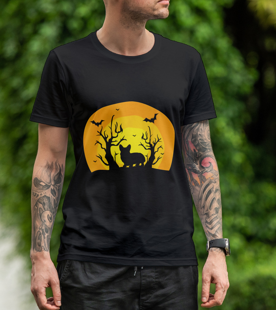 Corgi Dog Bat Halloween Silhouette With Moon And Trees T-Shirt