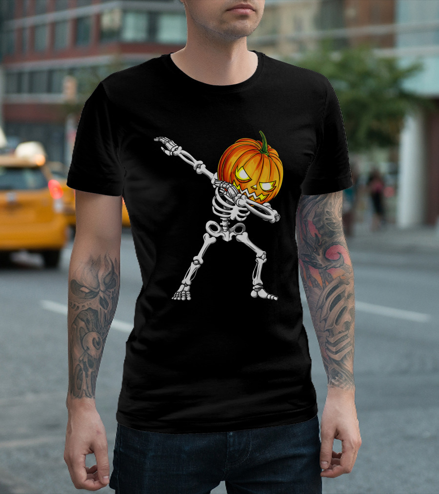 Halloween Dabbing Skeleton with Pumpkin Head T-Shirt