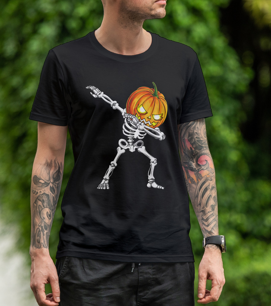 Halloween Dabbing Skeleton With Pumpkin Head T-Shirt