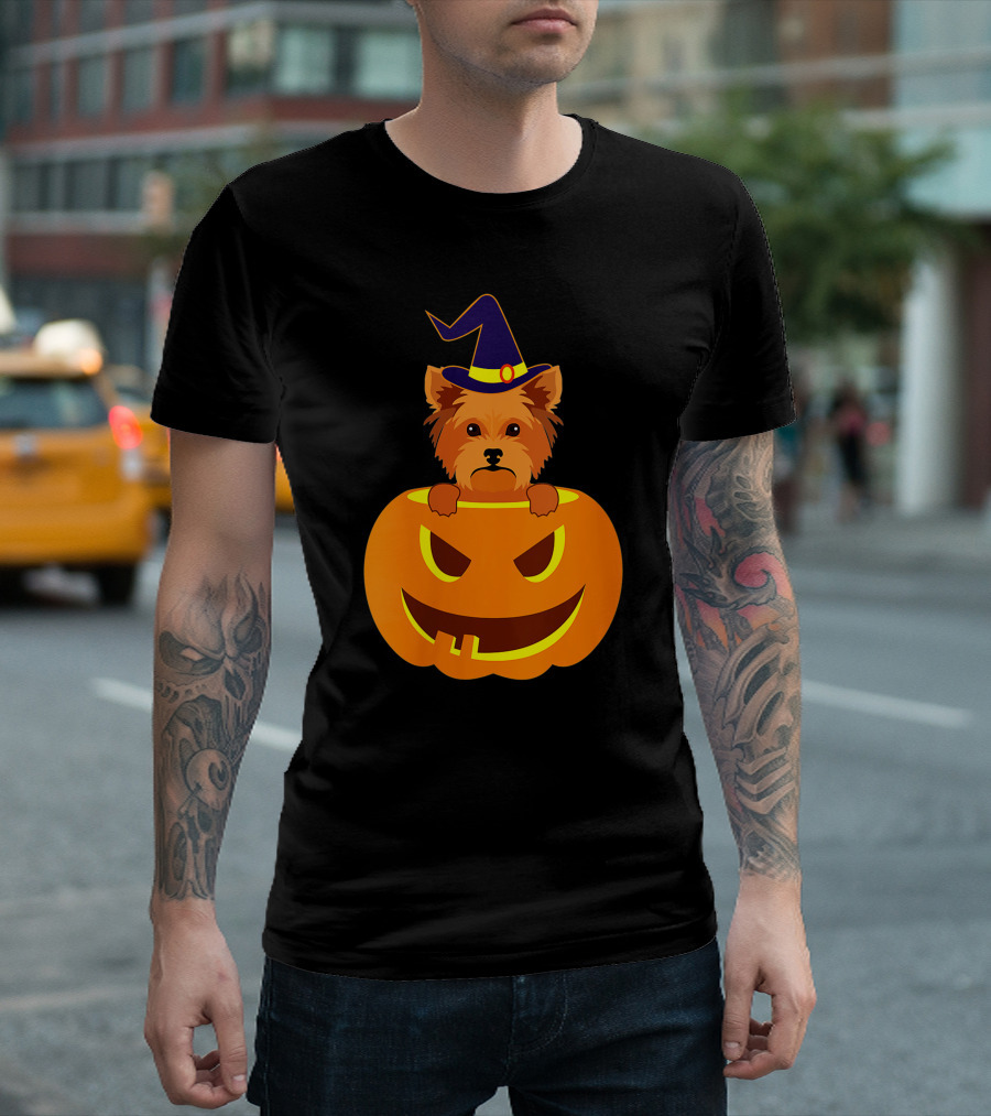 Yorkie Witch Hat Pumpkin Halloween Yorkshire Terrier T-Shirt