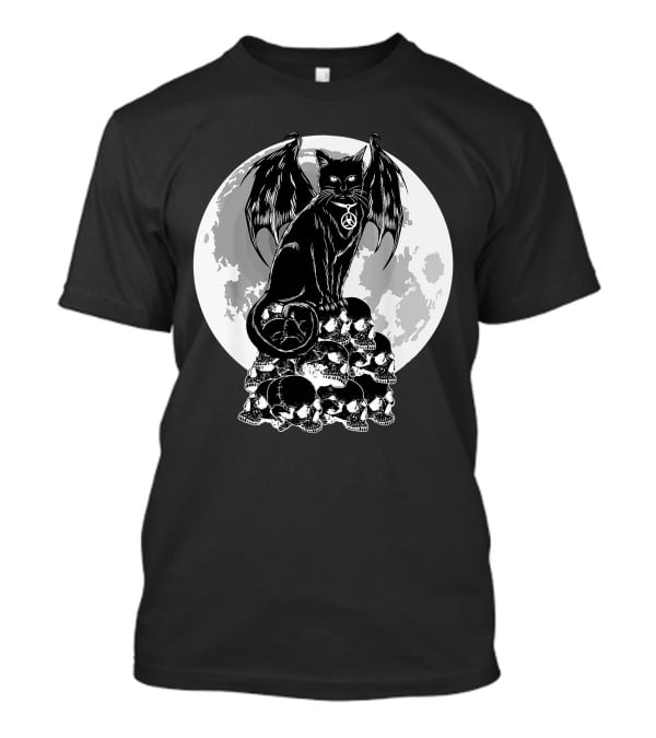 Halloween Cat Wings Skulls Moon Creepy Peace Sign T-Shirt