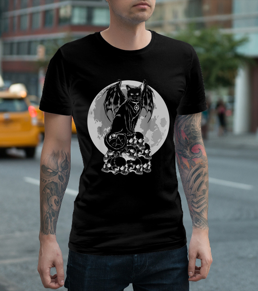 Halloween Cat Wings Skulls Moon Creepy Peace Sign T-Shirt