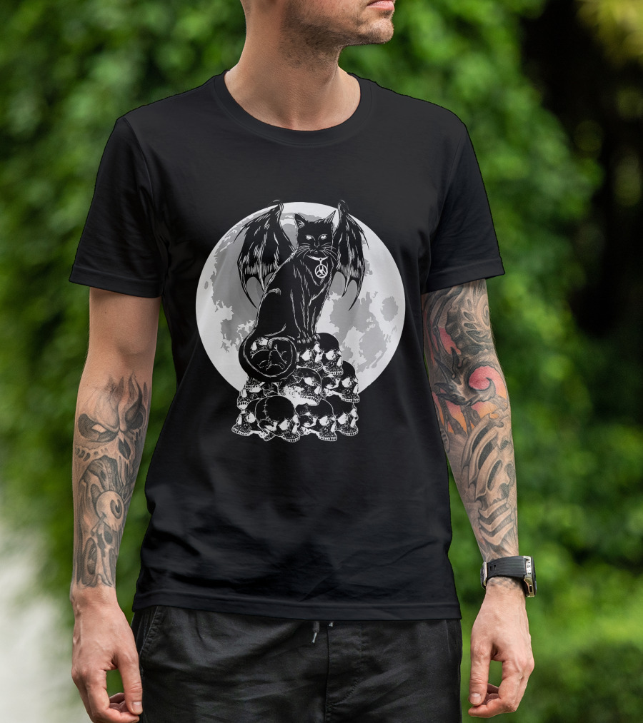 Halloween Cat Wings Skulls Moon Creepy Peace Sign T-Shirt