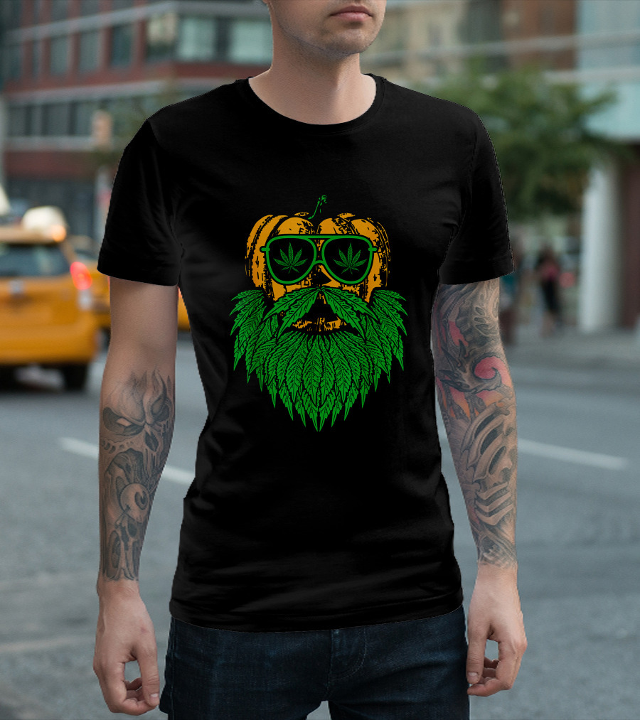 Weed Leaf Bearded Pumpkin with Sunglasses Costume Cool T-Shirt