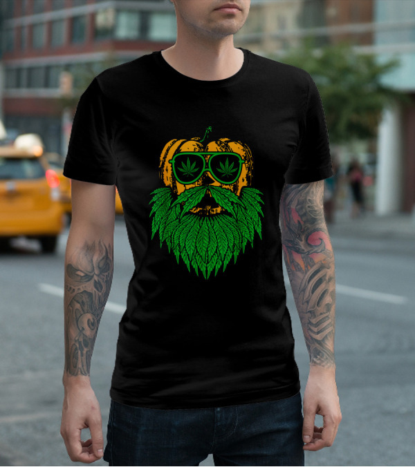 Weed Leaf Bearded Pumpkin With Sunglasses Costume Cool T-Shirt