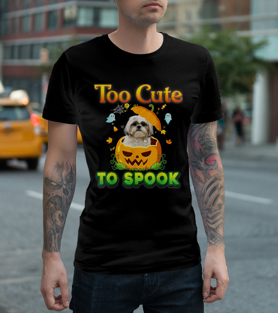 Too Cute To Spook Shih Tzu Dog in Pumpkin Halloween Ghost Leaves T-Shirt