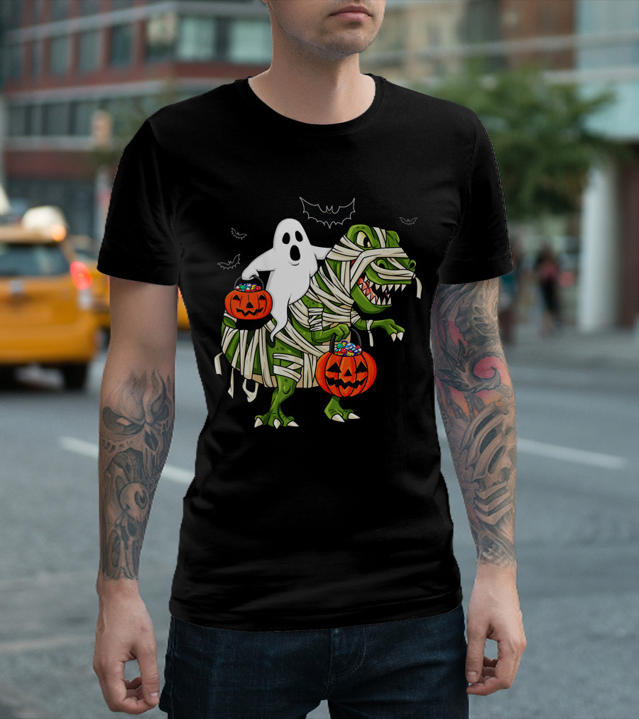 Ghost and Mummy T-Rex Halloween Candy Adventure T-Shirt